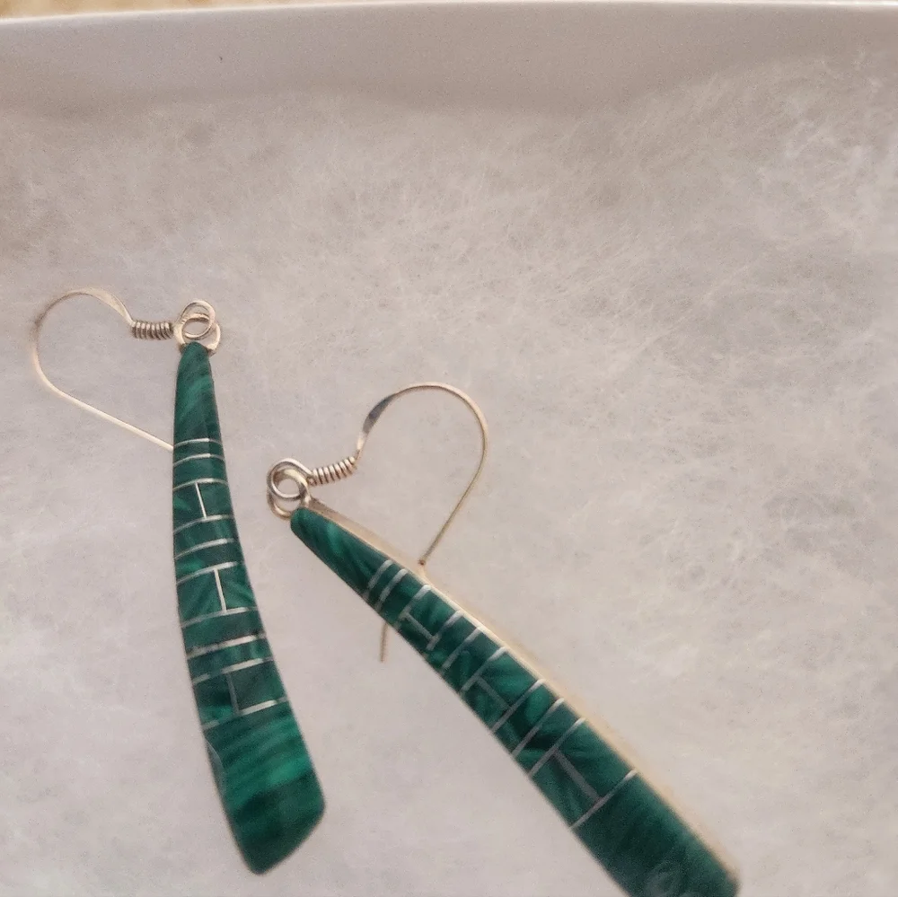 Malachite Inlay Sterling Silver Earrings Handcrafted - Picture 3 of 5